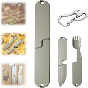 2 in 1 캠핑 식기 세트 각각 휴대용 탈착식 나이프 스팍 포켓 쿠킹 포크 스푼 도구 다기능 여행용 실버웨어