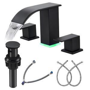 [미국배송] 욕실 수도꼭지 3구 와이드 모던 싱크대 8인치 매트 블랙 LED 라이트 워터폴 배니티 수도꼭지(팝업 배수구 포함)