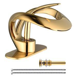 [미국배송] 우아한 욕실 싱크대 수도꼭지 싱글 홀 AUU 폭포 매트 블랙 베니티 솔리드 브라스 팝업 드리언 공급 라인이 있는 핸들 대야 탭(골드 쇼트)