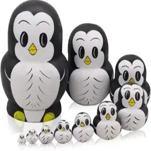 문모 10pcs 동물 패턴 나무 둥지 장난감 러시아 인형 마트료시카 쌓기 (펭귄)