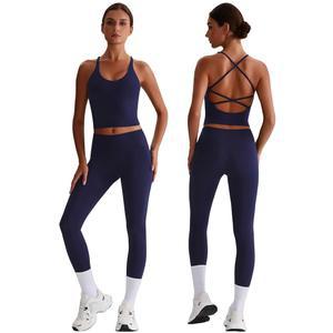PQBPQB 여성용 2피스 운동 세트 패딩 크로스 백 크롭 탱크 하이 웨이스트 배 조절 액티브 레깅스 요가 의상