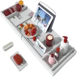 고급 목욕용 욕조 캐디 트레이 - 대나무 방수 확장형 위에 와인과 책꽂이 무료 비누 접시(화이트)