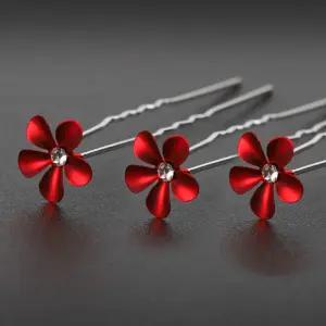 한복 플라워 헤어핀 레드 웨딩 핀 올림 뒤꽂이 U핀 유핀 머리장식 플라워장식 u핀