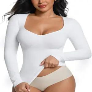 ONEW 셰이프웨어 배변 컨트롤 긴팔 셔츠 여성용 심리스 V넥 압박 슬림 바디 셰이퍼