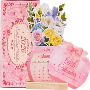 플로럴 데스크 캘린더 2026 나무 베이스가 있는 귀여운 월간 2026년 1월부터 2027년 6월까지 운영 여성