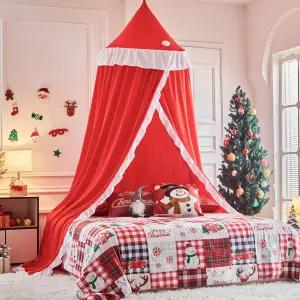 카시 레드 프린세스 침대 캐노피 우아한 이중층 커튼 드림 라운드 모기장 - 트윈 풀 퀸 킹 침대에