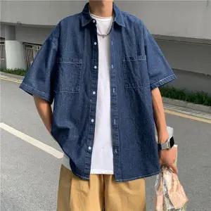 남자 남성 반팔 블라우스 데님 여름 셔츠 남방 오버핏