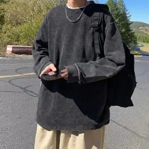 루즈핏 IS-TS99 빈티지 남성 블랙 티셔츠 라운드 긴팔 데일리