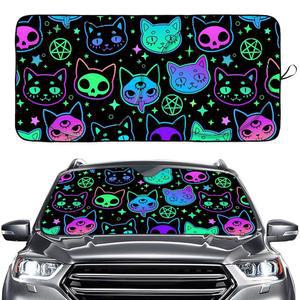 컬러풀한 해골 고양이 펜타그램 고딕 윈드실드 선쉐이드, 자동차 SUV 트럭용 앞유리 선쉐이드-63'' X 30'', 접이식 자외선 반사기 바이저 실드 커버