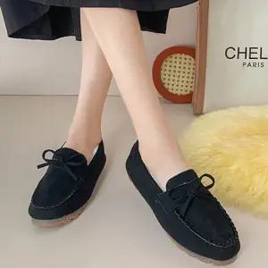 여성 가벼운 신발 따뜻한 안감 리본장식 털 모카신 여성플랫슈즈 플랫 하이힐 플랫슈즈