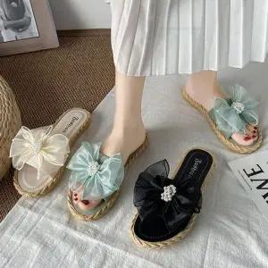 진주구슬 장식 리본 슬리퍼 예쁜 슬리퍼 원피스 코디 여성슬리퍼 여름슬리퍼