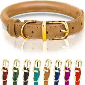 OOPSDOGGY 반사 롤 가죽 개 목걸이 조절 가능한 소형 대형견용 소프트 패딩 애완동물 (카멜 XXS 7-9인치)