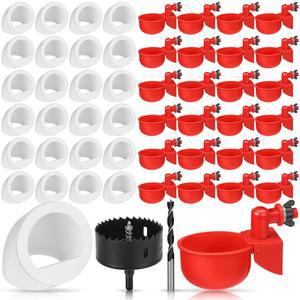 Potchen 25세트 닭 모이통 및 물컵 키트, 메추라기 병아리 포트 피더 자동 급수기, 구멍 오프너, 드릴, 다양한 가금류용 DIY 급수기