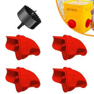 닭 모이통 폐기물 없음, 비 피더 중력 사료용 자동 방지 가금류 급식기 포트, 버킷, , 통에 DIY 적합 (레드 포트 4개, 구멍 톱 1개)