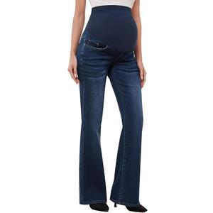 글래믹스 여성용 스트레치 머티리얼 부츠컷 청바지 배꼽 위에 포켓이 있는 플레어 데님 팬츠 임신복