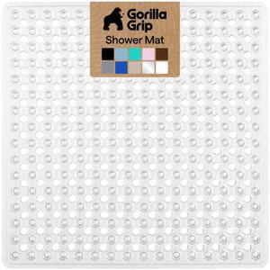 고릴라 그립 특허 사각 샤워실 매트, 석션 컵과 배수구가 있는 스탠드업 샤워용 소형 욕조 바닥 세탁기 세척기, 부드러운 발, 욕실 액세서리 21x21 인치, 투명