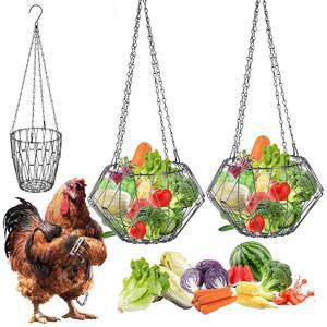 걸이식 닭 모이통, 9.25인치 대형 접이식 가금류 모이통 야채 과일 바구니, 4개의 스테인리스 체인 간식 홀더, 닭장 오리장용 볼 지루함 장난감, 검은색, 2팩