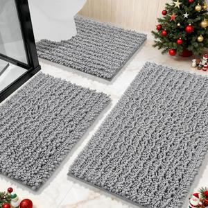 Yimobra 욕실 러그 세트 3피스 - 흡수력이 뛰어난 빠른 건조 셔닐 매트 및 화장실 러그, 미끄럼 방지 세탁기 사용 가능, 샤워 욕조 싱크대용 매우 두꺼운 섀기 바닥 매트, 그레이