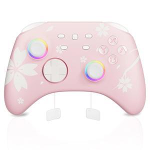 스위치 / 2용 Mytrix 무선 컨트롤러, Windows PC iOS 안드로이드 스팀 덱, 프로그래밍 가능한 사쿠라 핑크 블루투스 홀 효과 조이스틱, 조절 LED 조명 터보