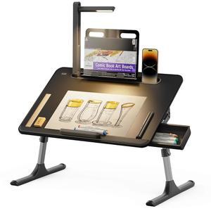 LED 책상 조명이 있는 노트북 테이블, 침대용 SAIJI 스탠드, 책 스탠드가 높이 조절 침대 (블랙)