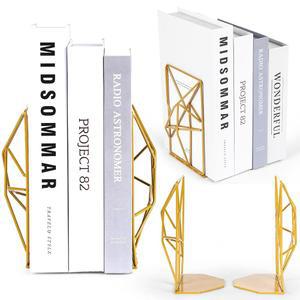 파우더 코팅 마감의 선반용 장식용 기하학적 디자인 골드 메탈 북엔드 - 사무실, 가정, 방 우아한 미끄럼 방지 경량 데스크탑 북 스탠드 2개 세트
