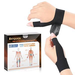 KTQUICK 엄지 오른쪽용 프리컷 키네시올로지 테이프, 방수 및 저자극성 라텍스 프리 운동용 테이프 12개, 지지대, 손목 보호대, 신축성 있고 통기성이 뛰어나며 오래 지속되는 (블랙)