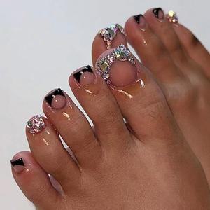 24피스 여름 프레스 온 쇼트 스퀘어 발톱, YIHONGYAN 페이크 토 네일 블랙 프렌치 팁 3D 라인스톤 디자인 아크릴 발톱 키트 풀 커버 인조 발톱에 붙이는 여성용
