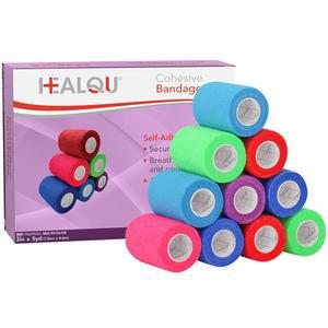 HEALQU 자체 접착 붕대 랩 - 운동 및 스포츠용 12롤 5.1cm x 4.7m(2인치 5야드) 테이프 용 테이프, 유연하고 신축성 있는 멀티컬러 손목 발목 수의사 강아지용
