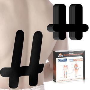 PreCut 허리용 키네시올로지 테이프, 프리컷 테이프 12개, KTQUICK 오리지널 면 방수 및 통기성 라텍스 프리, 근육 지지를 위한 신축성 있는 운동 향상(블랙)