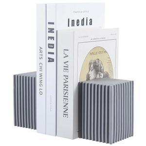 북 엔드, 선반용 북엔드, 모던 플루티드 그레이 콘크리트 블록 장식 북엔드 - 2개 세트, 세련되고 기능적인 책상 또는 선반 정리함