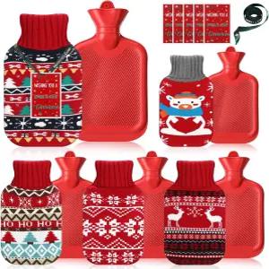 생리통 목과 어깨 니트 커버와 영감 카드가 포함된 Hortsun 크리스마스 온수 병 5개 1L 빨간색 및 냉수