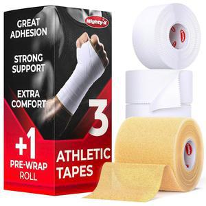 부상을 위한 프리미엄 화이트 운동용 테이프 - 사전 랩이 있는 3팩 쉽게 찢어지고 끈적이는 잔여물 없음 스포츠 산화아연 발목, 손목, 손가락 축구, 체조, 복싱에 이상적