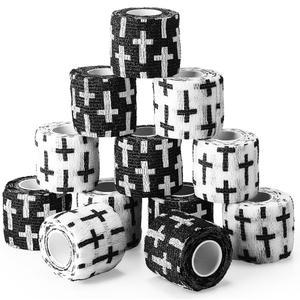 Geiserailie 12팩 Christian 운동용 테이프 5.1cm(2인치) x 4.7m(5야드), 자체 접착 붕대, 스포츠 랩, 통기성 탄성 랩 부직포 손목, 발목, 야구 축구용(화이트 및 블랙)