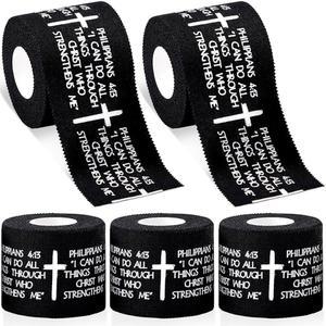 5Pc 크리스천 애슬레틱 테이프 2인치 x 23피트 블랙 코튼 산화 아연 스포츠 페이스 크로스 손목밴드 축구 야구 체조 복싱 응급처치 부상 랩용 종교 성경 구절 손목