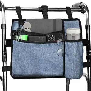 컵 홀더가 있는 다크 블루 워커 보관 가방 - 접이식 방수 대용량 바구니 롤레이터를 위한 팔걸이 액세서리