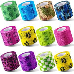 12피스 5.1cm(2인치) 자체 접착 붕대 수의사 부직포 탄성 결합 타투 용품 그립 테이프 운동용 거즈 랩 스포츠, 손목, 발목 및 반려동물 랩(동물 위장)