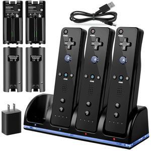 Wii /Wii U 리모컨용 4-in-1 충전기 스테이션, 4팩 2800mAh 충전식 배터리 팩+4 포트 충전 스테이션+플러그+USB 케이블, 리모컨 미포함 (블랙)
