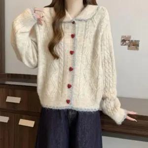 패션스타일 은창 니트 무지 카라 하트 케이블 외투 아우터 가디건 점퍼 잠바 버튼 루즈핏 봄