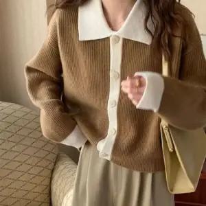 패션스타일 은창 배색 후드 카라 외투 자켓 가디건 점퍼 아우터 니트 어텀 루즈핏 캐시 잠바