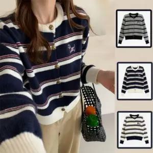 패션스타일 신제품 가디건 여성 라운드 강아디로고 니트 스트라이프 줄무늬