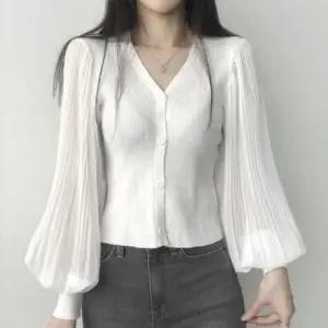 패션스타일 브이 플 골지 가디건 블라우스 퍼프