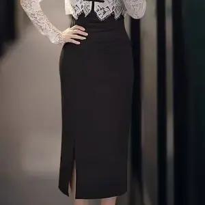 EAMT 원피스 여성용 투피스 레이스 허리 스트랩 드레스 패션 스탠드 칼라 긴팔 탑 슈트 세트 EUNG5