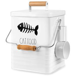 스쿱이 있는 고양이 사료 보관 용기 - 나무 손잡이가 5-7파운드 금속 간식 용기, 밀폐 뚜껑이 반려동물 및 키블 앤 간식용 건조 식품 스쿱, 주방 카운터 정리함