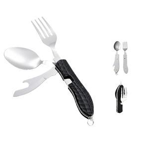 캠핑 플랫웨어, 스테인리스 스틸 스푼 포크 나이프 병따개 4-in-1 콤보 식기, 배낭 여행 낚시 스카우트를 위한 분리형 접이식 식기 세트 - 블랙