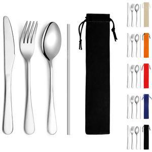 키라톤 캠핑 실버웨어 세트 4피스 휴대용 베이스, 스테인리스 스틸 플랫웨어 도구 여행용 식기 야외 피크닉 사무실 학교 농사일 도시락용