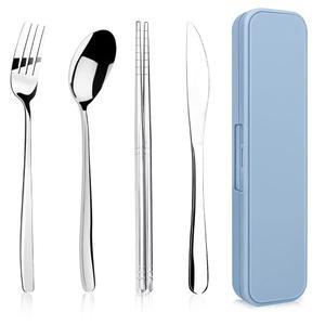 케이스 포함 5피스 리시낙스 휴대용 여행 도구 세트, 프리미엄 304 스테인리스 캠핑 캠핑, 점심, 직장, 학교 등 재사용 가능한 실버웨어, 청소하기 쉬운 실버웨어(실버)