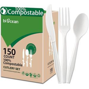 바이오션 100% 퇴비 플라스틱 나이프 일회용 포크 스푼 식기, 헤비급 헤비 듀티 플랫웨어는 라운지 파티 웨딩 바비큐 피크닉 캠핑을 위한 제품 [150 카운트]