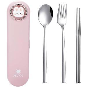 케이스 귀여운 데비코 여행 도구, 점심용 재사용 가능한 은식기, 휴대용 식기 세트, 18/8 스테인리스 포크 숟가락 젓가락, 카툰 케이스, 식기세척기 사용 안전(핑크)
