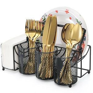 메찌 금속 식기 캐디(5칸 포함), 블랙 메시 실버웨어 캐디 정리함, 냅킨용 플랫웨어 보관 홀더, 접시, 파티, 캠핑, 피크닉, 뷔페, RV, 바비큐, 주방, 조리대
