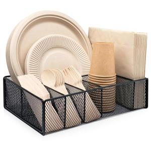 다이산비카 금속 종이 접시 홀더 - 주방 카운터 캐비닛용 식기류 캐디 정리함 보관 디스펜서 박스 플라스틱 스푼 포크 냅킨 컵 파티 캠핑 블랙